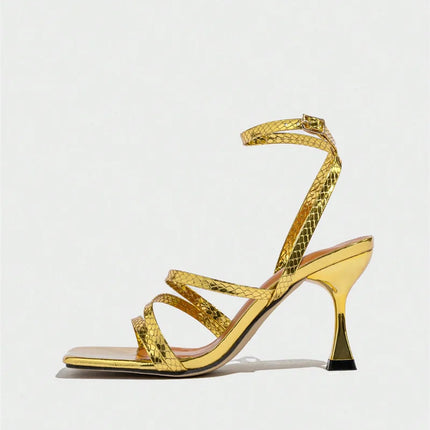 Liyke Sexy Snake Print Leather Ankle Strap Gold Sandals Women Narrow Band Square Open Toe Gladiator High Heels For Ladies Shoes
