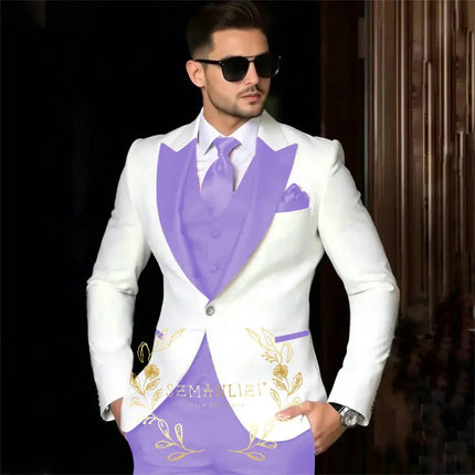 Luxury Men's Suits For Wedding Peak Lapel Slim Fit 3 Piece White Jacket Burgundy Pants Vest Formal Male Clothing Costume Homme