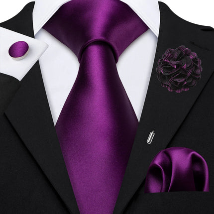 Barry.Wang Solid Silk Mens Tie Hankerchief Cufflinks Brooch Set Jacquard Plain Necktie Corsage For Male Wedding Party Events
