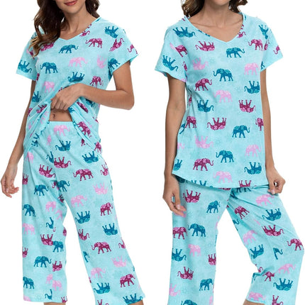 Womens Pajama Sets Cotton Pj Set Short Sleeve Top with Capri Pants Sleepwear 2 Piece Lounge Set