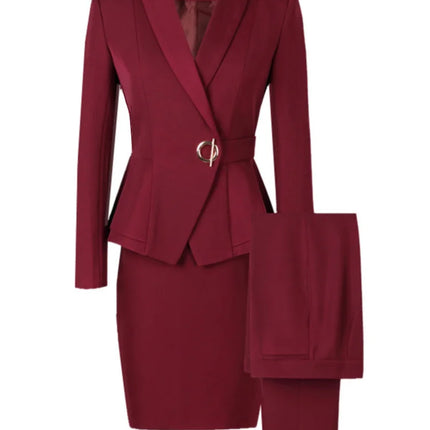 Women Skirt Suits Two Piece Set Office Ladies Blazer Pants Wine Red Elegant Business Suit Set Black Suits Work Wear Uniform