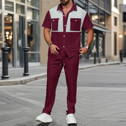 Color-block Short-sleeve Shirt And Pants Two-piece Set