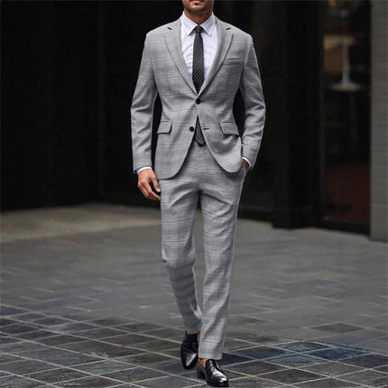 Mens Slim-Fit Plaid Business Suit Two-Piece Set