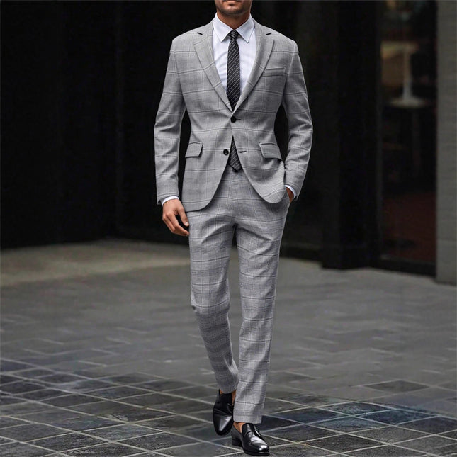 Mens Slim-Fit Plaid Business Suit Two-Piece Set