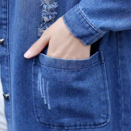 Women's Loose Ripped Mid-length Denim Jacket