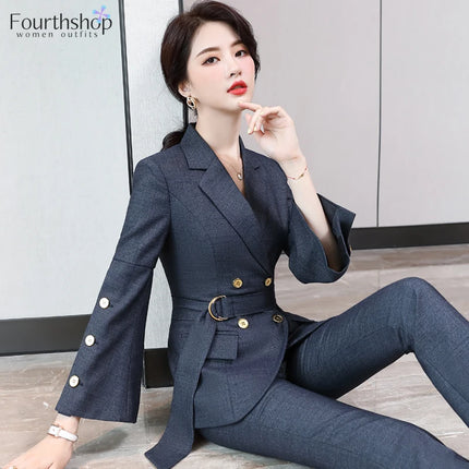 Double Breasted Women Suits Business Work Office Formal Pant Suits Female Elegant Blazer Sets Autumn Winter Clothes 2022 New