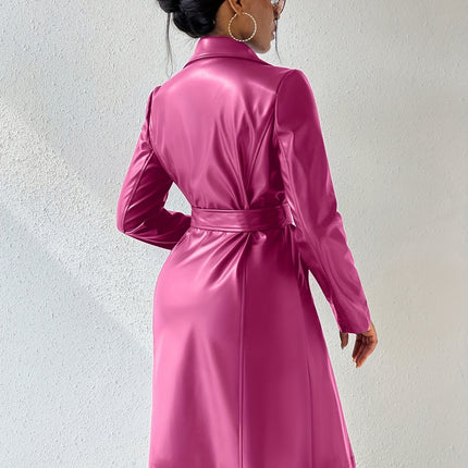 Long Sleeve Lapel PU Leather Jacket With Pockets Slim Fit Long Trench Coat Women's Clothing