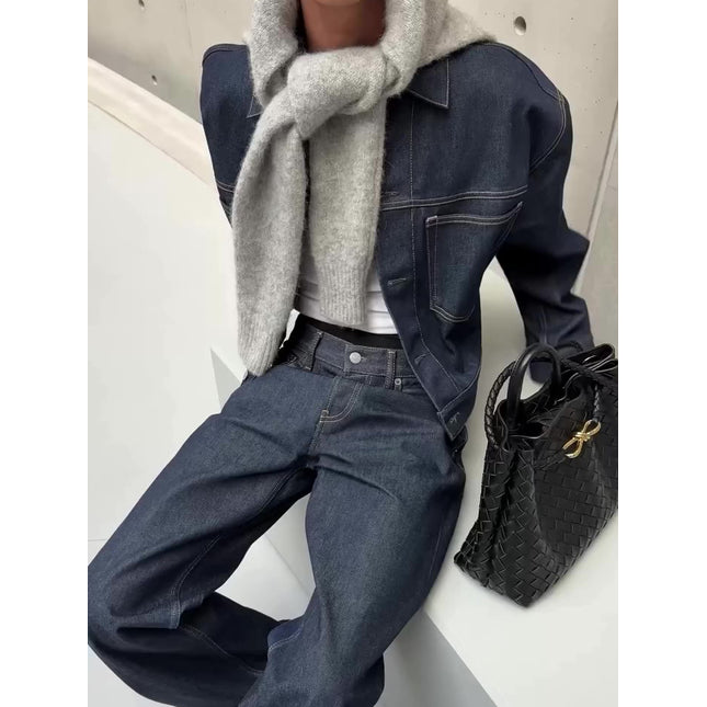 Dark Denim Oversized Jacket And Wide-Leg Pants Set