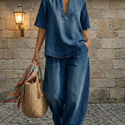 Retro V-neck Denim Set Womens Loose Half-sleeve Top And Wide-leg Pants Two-piece Set