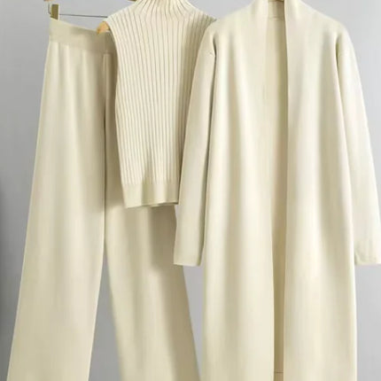 3pcs Suits Women Fashion Knitting Sleeveless Vest Sweater Long Cardigan And Wide-leg Pants Three-piece Set