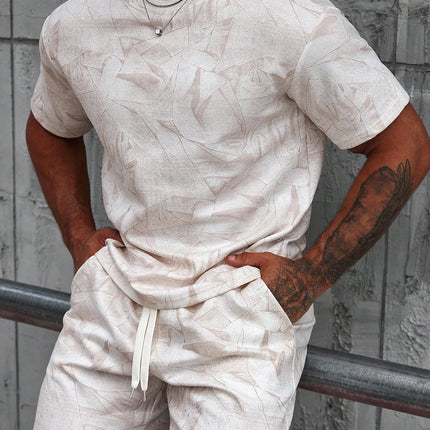Mens Casual Outdoor Sports Printed Short-Sleeve Top And Shorts Two-Piece Set