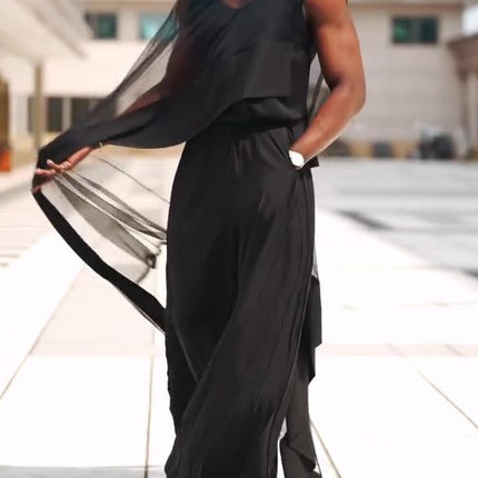 Black Mesh Irregular Hem Wide-leg Pants Suit