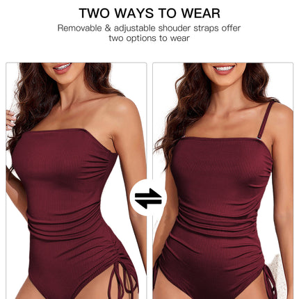 Womens Swimsuits One Piece Tummy Control Swim Suit Drawstring Bathing Suit Ribbed Tie Side Swimming Suits Ruched Square Neck Womens Swimwear Brown 2XL