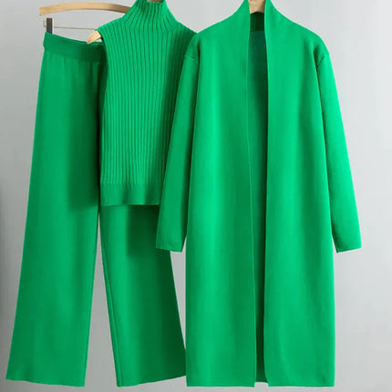 3pcs Suits Women Fashion Knitting Sleeveless Vest Sweater Long Cardigan And Wide-leg Pants Three-piece Set