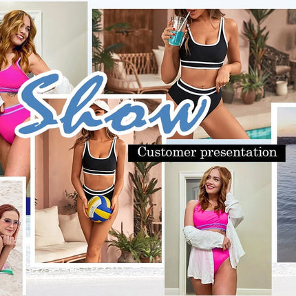 High Waisted Womens Bikini Sets Sporty Two Piece Swimsuits for Women Color Block High Cut Bathing Suits