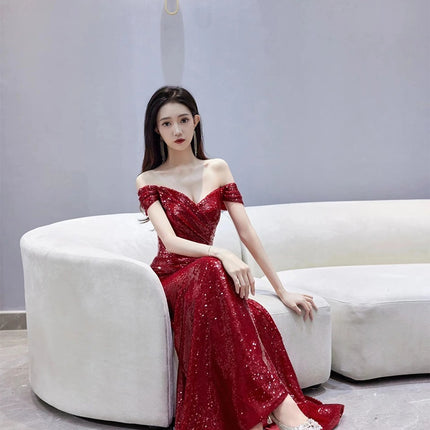 Fishtail Toast Dress Bride Wine Red Split Engagement Dress