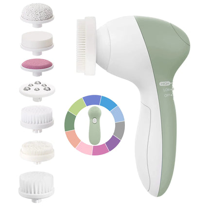 COSLUS Facial Cleansing Brush Silicone Face Scrubber: 7 in 1 FBS-D Electric Exfoliating Rotating Massage Device Waterproof Deep Cleaning Exfoliation Spa Machine - Electronic Skin Care Wash System With 7 brush heads Navy Green