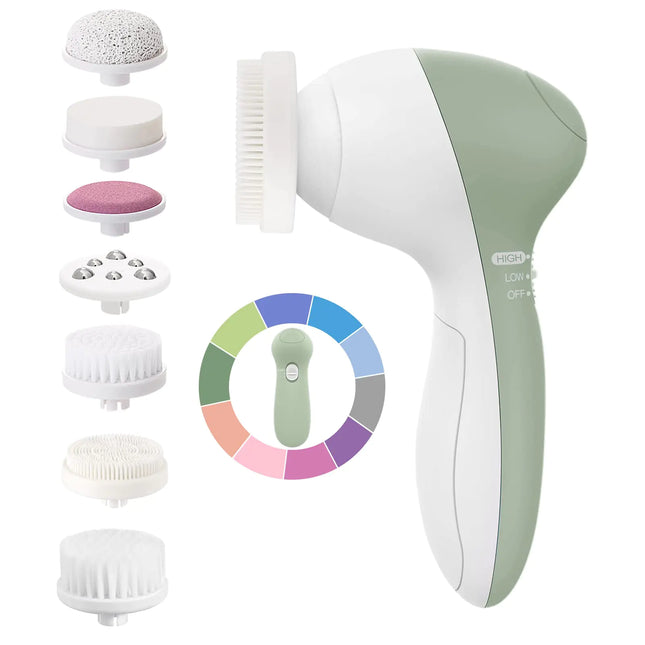 COSLUS Facial Cleansing Brush Silicone Face Scrubber: 7 in 1 FBS-D Electric Exfoliating Rotating Massage Device Waterproof Deep Cleaning Exfoliation Spa Machine - Electronic Skin Care Wash System With 7 brush heads Navy Green