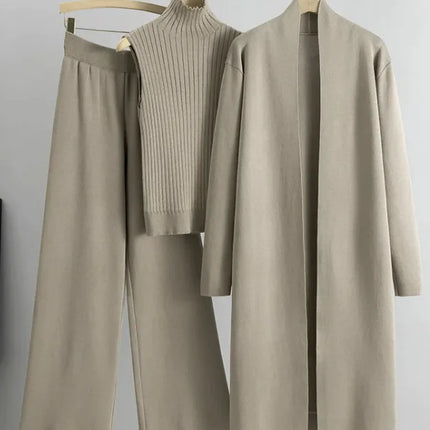 3pcs Suits Women Fashion Knitting Sleeveless Vest Sweater Long Cardigan And Wide-leg Pants Three-piece Set