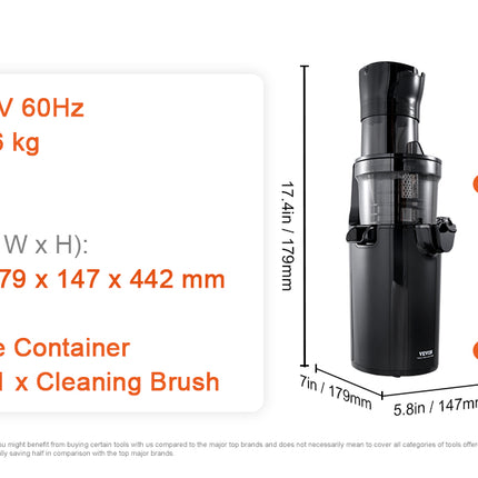 VEVOR Masticating Juicer Cold Press Juicer Machine 2.6" Large Feed Chute Slow Juicer Juice Extractor Maker with High Juice Yield